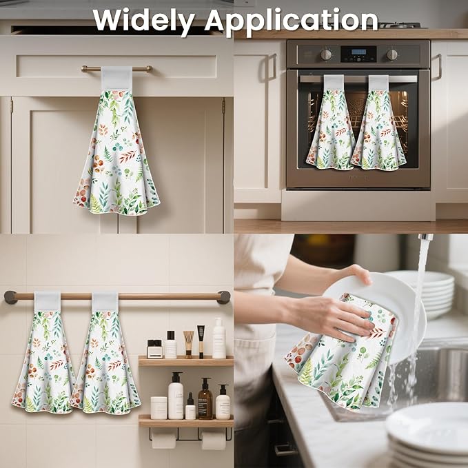 CUTHOLLOW Watercolor Leaves Hanging Kitchen Towels with Loop, Set of 2 - Soft & Super Absorbent Microfiber Decorative Hanging Dish & Hand Towel, Tea, Coffee Towel for Kitchen Bathroom Oven Handle