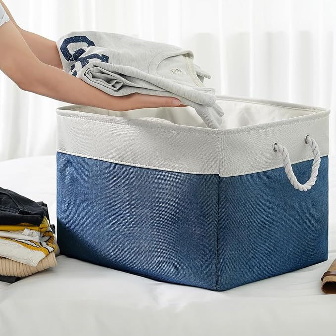 Organization and Storage Basket for Shelves - Jumbo 3 Pack 20x16x14 inch Collapsible Storage Bins for Organizing, Canves Storage Cubes for Gift Organizer Toys Closet (White & Jean Blue)