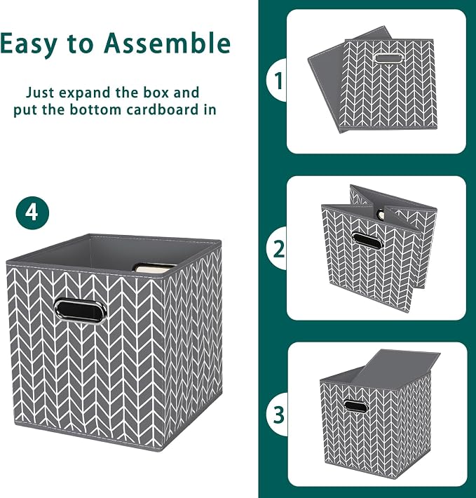 Black Foldable Storage Cubes Bins, Fabric Storage Box Cubes Organizer Baskets with Dual Handles for Home Organizer,Set of 3,(Grey Wave)