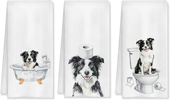 Funny Border Collie Bathroom Decor Hand Towels Set of 3, Border Collie Mom Gifts, Gifts for Border Collie Lovers, Kids Dog Bathroom Decor, 16x24 Inch