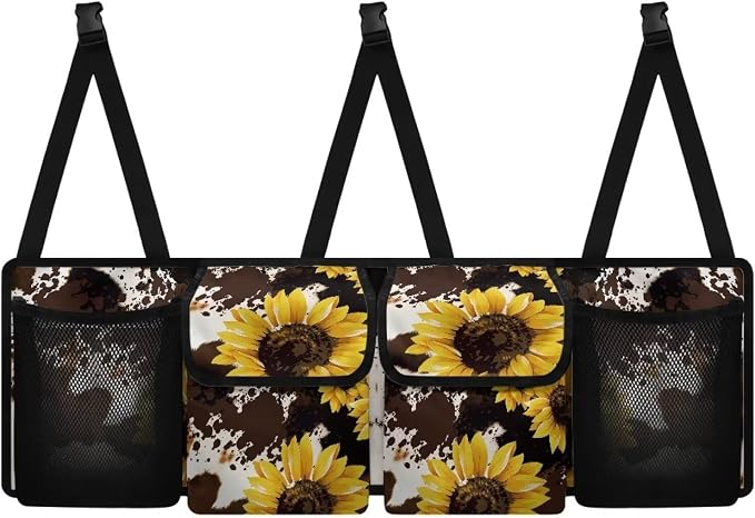 Dreaweet Sunflower Car Trunk Organizers for Women SUV Sedan Backseat Hanging Storage with 4 Large Pockets Brown Cow Print Car Accessories Interior Collapsible Trunk Organizer with Adjustable Strap