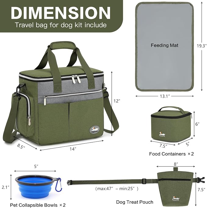 Dog Travel Bag for Pet Kit for Supplies with 2 Food Storage Containers 2 Collapsible Bowls 1 Feeding Mat 1 Dog Treat Pouch 7-Piece Set Perfect Road Trips Camping Weekend (Olive Green)