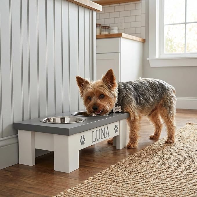 Personalized Dog Bowls Stand for Small Dogs, Wood Elevated Feeding Station | Farmhouse Style, Stainless Steel Dishwasher Safe Bowls, Raised Anti-Slip Feeder, Made in USA