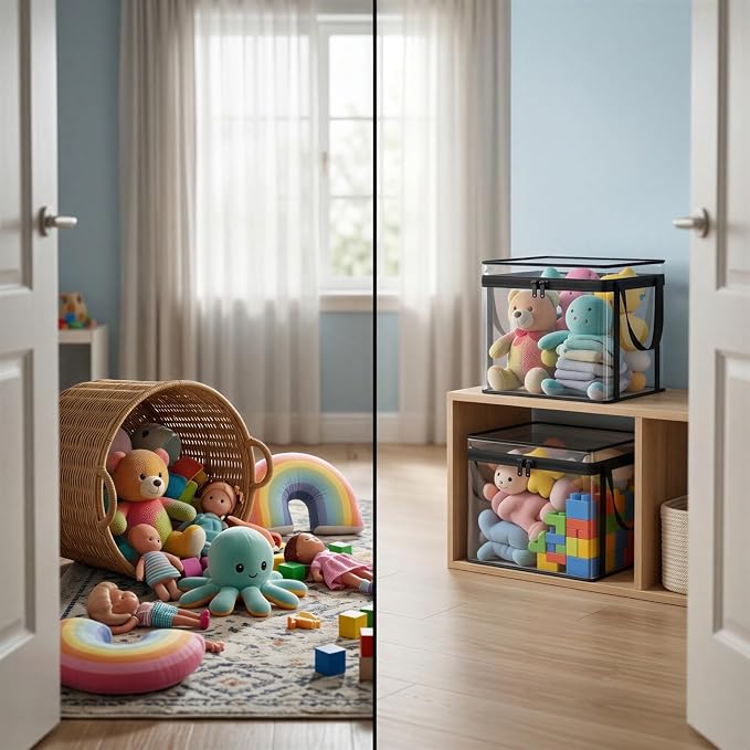 2 Pcs Plush Toy Storage Bins, Clear Stuffed Doll Organizer with Zip Lid and Handles, Stackable Foldable Storage Box Set for Bedroom, Living Room, Playroom
