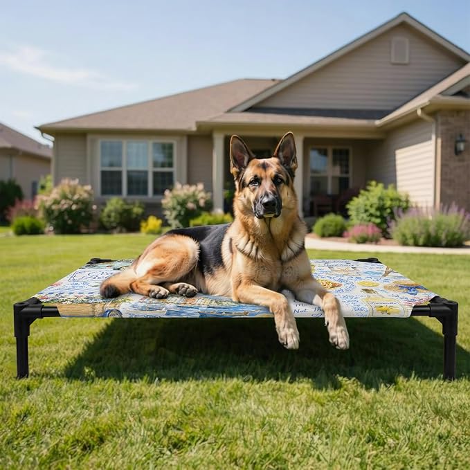 Summer Village Elevated Dog Bed, Coastal Blue Flowers Cart Yellow Lemons Starfish Outdoor Raised Pet Bed for Dogs Cats, Portable Breathable Cooling Waterproof Pet Cot 28x22 Inch