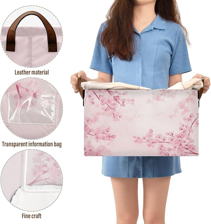 Pink Cherry Blossom Storage Bins for Shelves with Labels&Handles Fabric Organizer Bin Foldable Rectangle Storage Basket Japanese Flower Boxes for Closet, Bathroom, Home, Living Room, Laundry, 2 Pack