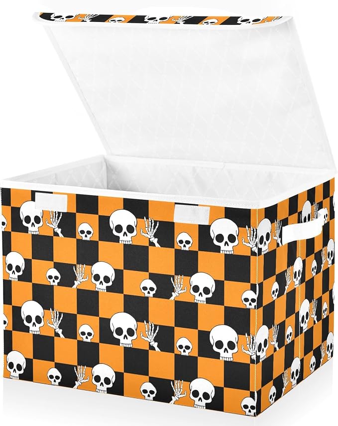 Halloween Skull Storage Bins with Lids Closet Bedroom 40L Fabric Bin | Decorative Storage Boxes, Foldable & Stackable, Dust-Proof Flip Top, Reinforced Handles, For Home & Dorm, Clothes & Toy Box