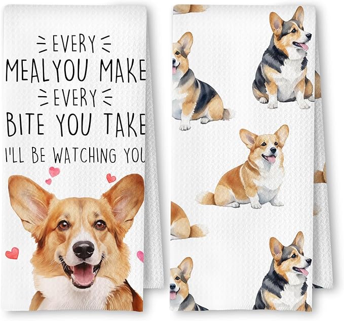Corgi Dog Kitchen Towels Set of 2, Corgi Gifts for Lovers Women Men Dish Tea Towels for Kitchen Decor, Dog Mom Lovers Owners Gifts Hand Towels, 16x24 Inches