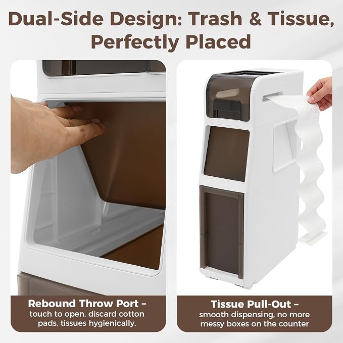 Slim Bathroom Storage Cabinet with Trash Can, Narrow Movable Waterproof Bathroom Floor Cabinet with Toilet Paper Holder for Bathrooms Toilet (15.1 * 6.9 * 25.2in)