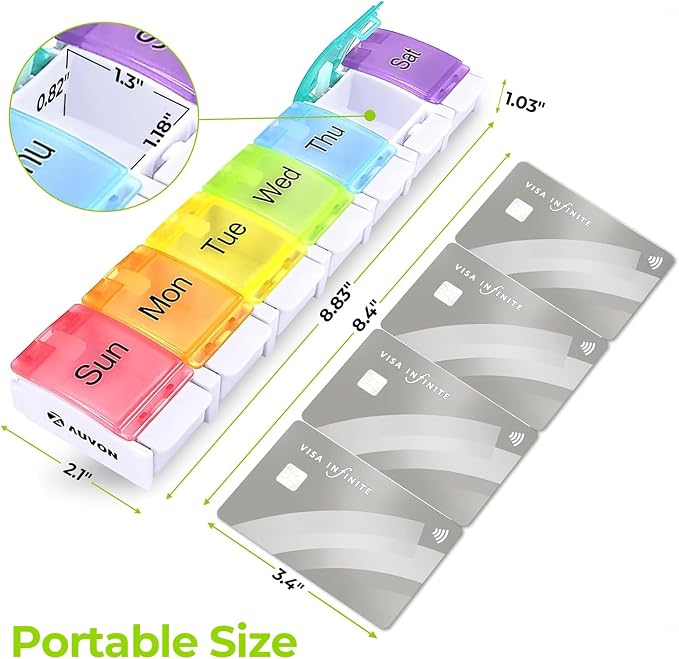 AUVON Weekly Pill Organizer Arthritis Friendly, BPA Free Travel 7 Day Pill Box Case with Spring Open Design and Large Compartment to Hold Vitamins, Cod Liver Oil, Supplements and Medication