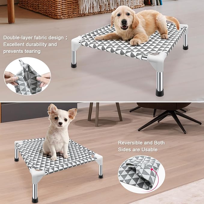 Kuntrust Elevated Outdoor Dog Bed for Small Pets，Fits up to 50lbs | Breathable Fabric, Dual-Layer Cotton, Stainless Steel Frame, Anti-Slip Feet