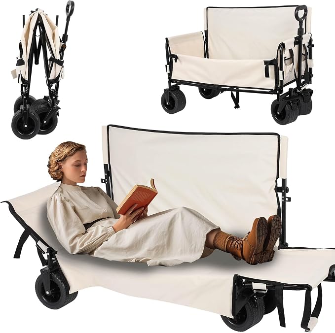 Portable Collapsible Folding Wagon, 550LBS Heavy Duty Utility Carts | Reclining Camper, Expandable Storage, Padded and Wheeled, All Terrain Wheels, Great for Camping, Outdoors, Shopping (White)