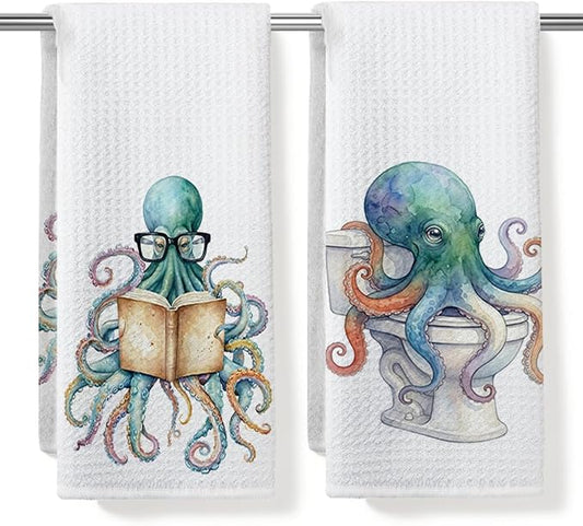 2PCS Vintage Octopus Bathroom Towels 24x14 Inch, Octopus on The Toilet Reusable Durable Microfiber Dish Cloth Hand Towel, Waffle Weave Tea Towels for Bathroom Home Decor, Ocean Gifts for Women Friend
