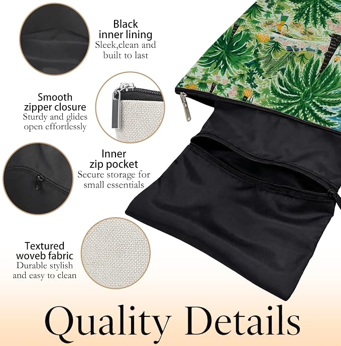 Green Summer Tropical Beach Empty Mahjong Tile Bag 13x7.8 Inch | Palm Tree Printed Portable Travel Case Organizer Zipper Pouch for American Mahjong Tiles Game Night Accessories and Gifts