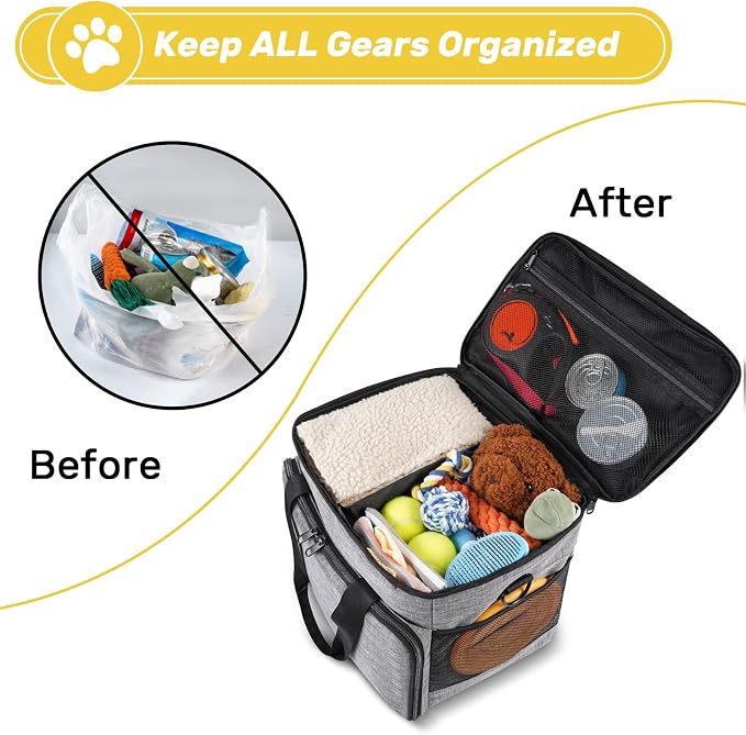 6 Set Dog Travel Bag, Large Pet Travel Kit for Supplies, Grey | Includes 2 Food Containers, 1 Pet Organizer for Dogs, 2 Collapsible Bowls, 1 Treat Pouch, Dog Weekend Overnight Bag Luggage