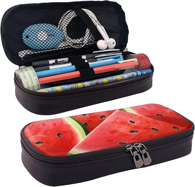 Leather Pen Case with Zipper - Aesthetic Pen Holder Watermelon Slice Pencil Case for Women & Men - Handcrafted Pencil Bag Multi-Functional Travel Cosmetic Case for Work Office Tool Pouch