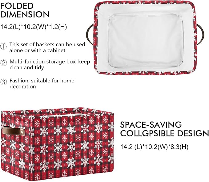 Christmas Red Buffalo Plaid Storage Basket with Waterproof Liner and PU Handles Winter Snowflake Checker Storage Bins Boxes 14.2" Collapsible Decorative Baskets for Bedroom Closet Office 2 Pack