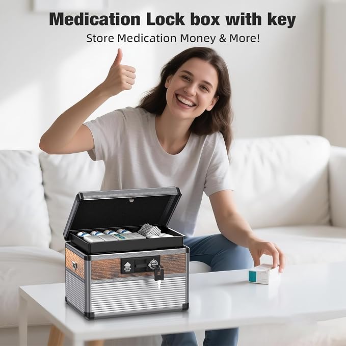 Glosen Medication Lock Box with Key, 2-Layer Medicine Lock Box with Meds Tray, Portable First Aid Box with Handle & Shoulder Strap for Home, Travel(10x6.7x6.7Inch)