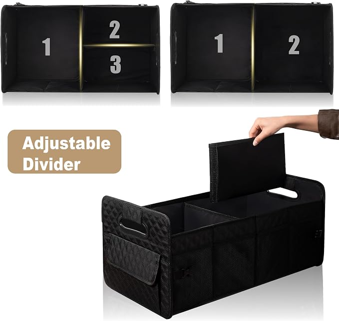 Car Trunk Organizer for SUV, Collapsible Car Storage Organizer Large Black | Sturdy, Strong Capacity, Diamond Decor, Multi Compartment Container Box Adjustable Car Accessories for Sedan Truck