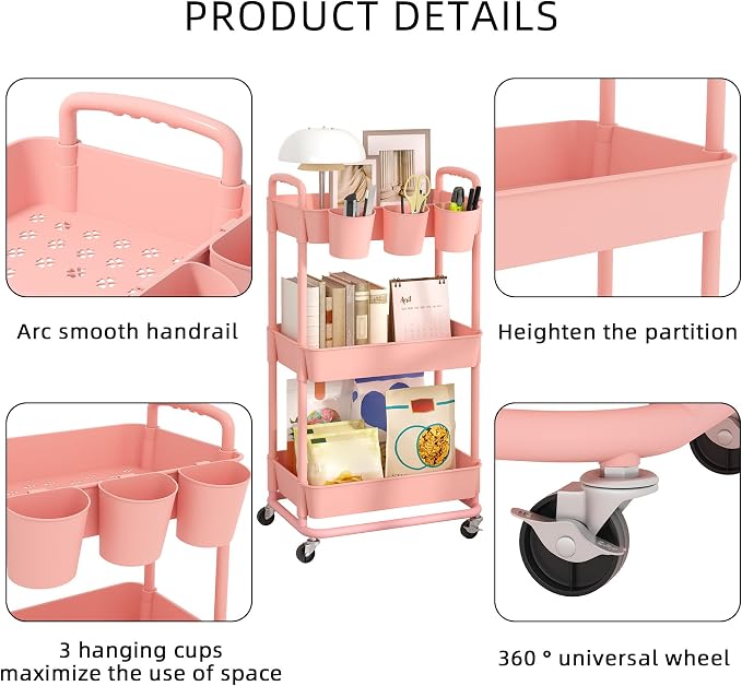 3-Tier Plastic Rolling Storage Cart Utility Cart Pink | Utility Cart with Extra Hanging Cups Arc-Shaped Handles Lockable Wheels for Living Room Bathroom Kitchen Office