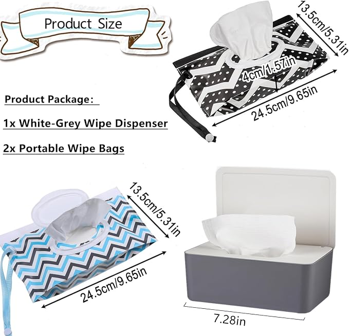 Wipes Dispenser Set,1 Wipe Box & 2 Portable Pouches,Grey-White | Refillable Reusable Large Wet Wipe Holder, Flushable Wipes Case Bathroom Wipes Container for Pet Nursery Kitchen Office