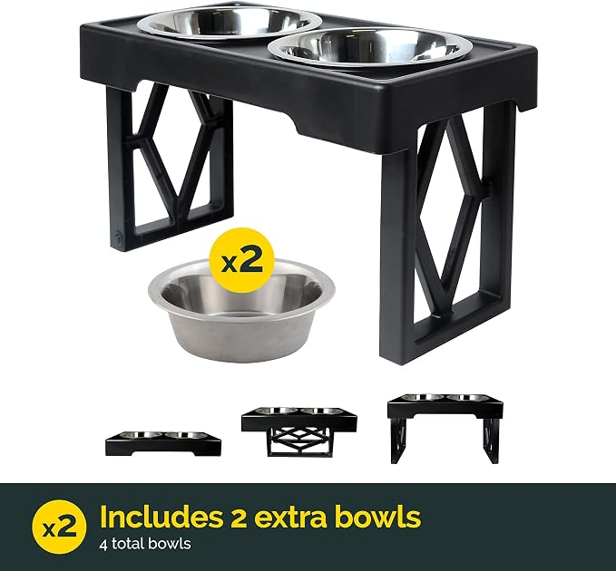 Pet Zone Designer Diner Elevated Stainless Steel Dog Bowls Set, 3 Heights | Raised stand adjusts 2.75, 8 and 12 inches, suits small, medium and large breeds, food and water dishes included in bundle