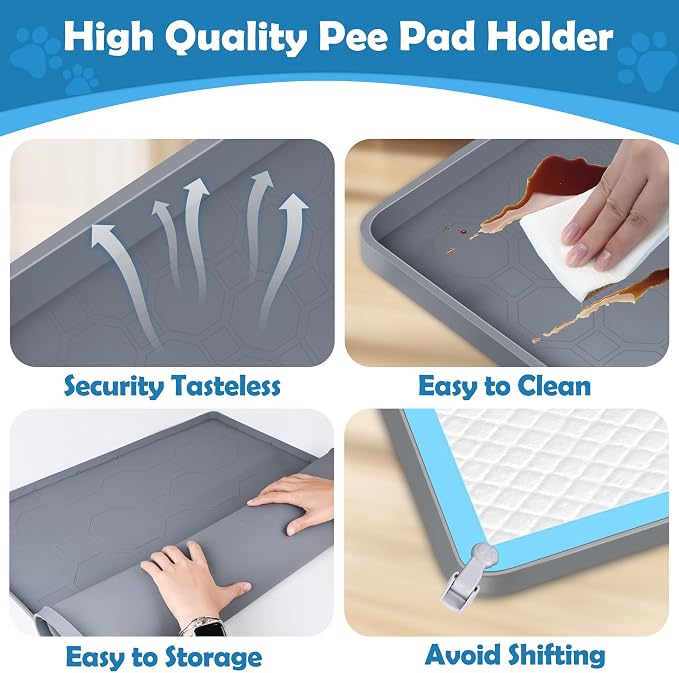 Dog Pee Pad Holder, Dog Potty Tray Silicone Puppy Pad Holder Tray Fits for 37.4" x 25.4" Training Pads, Puppy Potty Tray With 4 Clamps No Spill Raised Lip High Edge for Floor Protection (Grey)