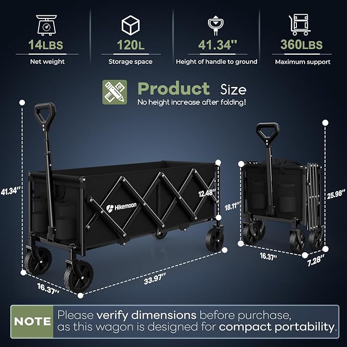 34'' Extra Long Folding Portable Wagon Cart, 120L 360LBS Black | Wagons Carts Foldable, Heavy Duty, Collapsible Compact Storage, Utility for Shopping/Grocery/Garden/Camping/Sports