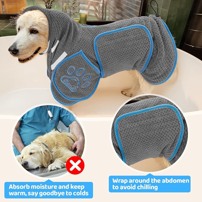SlowTon Dog Bathrobe Drying Coat – Super Absorbent Microfiber Towel Wrap with Adjustable Collar & Belly Strap, Fast Drying Bath Robe for After Bath Swim, for Large, Medium, Small Dogs (Grey S)