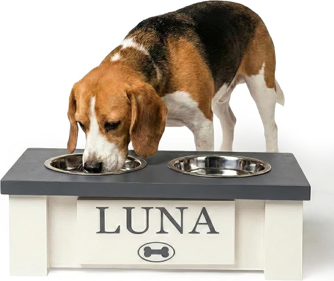 Elevated Dog Bowls for Small Dogs, Personalized Food Stand for Toy Breed | Farmhouse Style, Elevated Wood Stand, Storage Container, Stainless Steel Bowls, Raised Anti-Slip Feeder, Made in USA