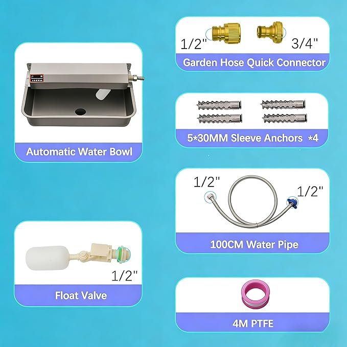 Automatic Dog Water Dispenser with Drain Hole, 304 Stainless Steel Auto Water Dog Bowl with Float Valve, Hose Quick Connect Fitting, Automatic Livestock Waterer for Horse, Chicken (2 Gallons)