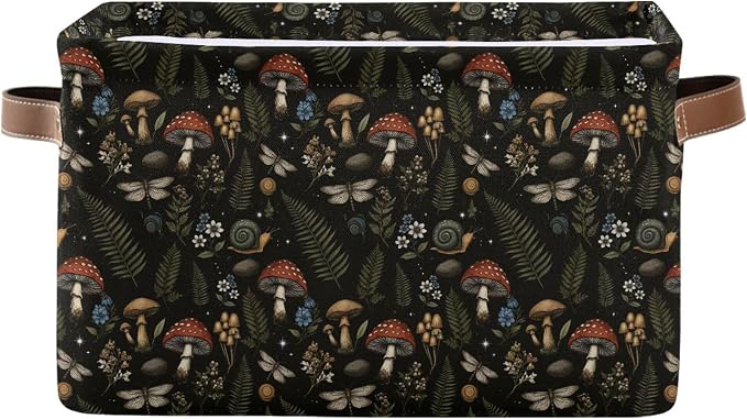 Mushroom Botanical Storage Basket Fabric Kitchen Baskets Dragonfly Berry Flowers Fern Open Home Storage Bins Boxes Foldable Organizer Bag for Baby Cloth Pet Toy Book Shelf Closet Baskets 16×12×8 IN
