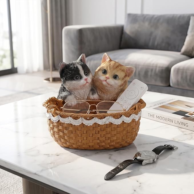 Resin Double Cat Storage Basket, Decorative Catchall Tray for Keys & Candy, Desk Organizer Bowl for Home Office, Room Decor Accessories