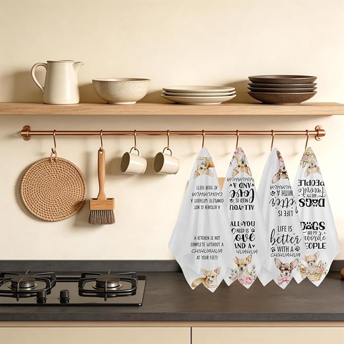 4Pcs Chihuahua Kitchen Towels 24x14 Inch, Chihuahua Gifts for Women Mom, Waffle Weave Kitchen Towel, Dog Decorative Reusable Hand Towels for Bathroom, Gifts for Dog Lovers, 14x24 Inches