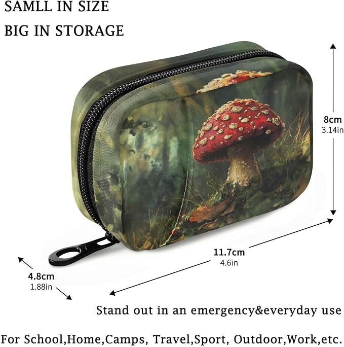 Fustylead Retro Aesthetic Amanita Mushroom Oil Painting Travel Pill Organizer Case Zipper for Purse with Removable Weekly Pill Box for Medicine, Vitamin, Supplement Medicine Organizer
