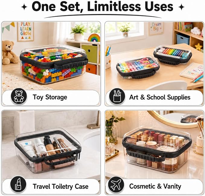 Clear Hard Shell Zipper Case 3PCS Set, 1.2mm PET Travel Organizer | Deep waterproof stackable storage pouches with handle. Heavy duty clear zipper bags for travel, makeup, toys and snacks