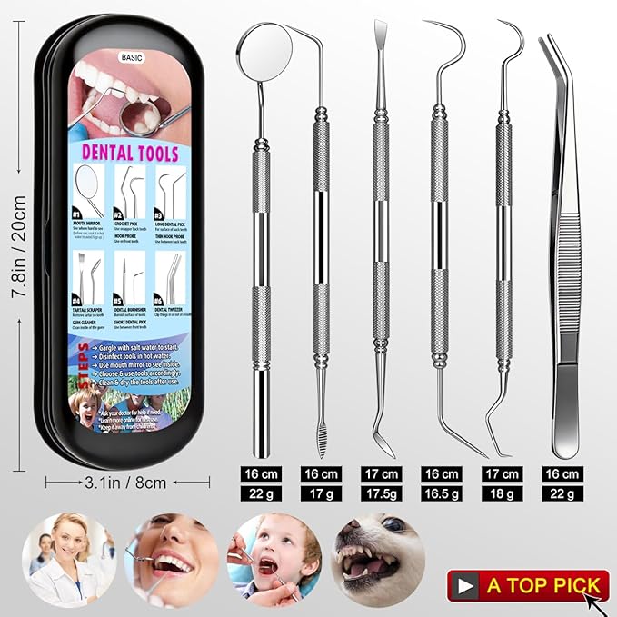 Dental Tools Plaque Remover Teeth Cleaning Tool﻿s Kit 6 Pcs Dental Care Kit Stainless Steel Dental Pick Tartar Remover Tool for Home/Travel/Pet Care-Storage Case Included