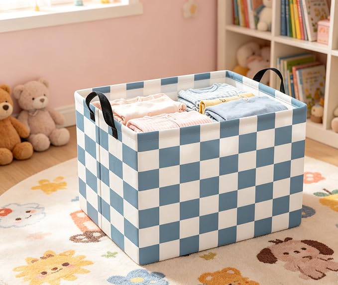 Rectangular Kids Basket Baby Girl Basket Fabric Storage Bin Organizer Box Room Decor(Blue Checkered)