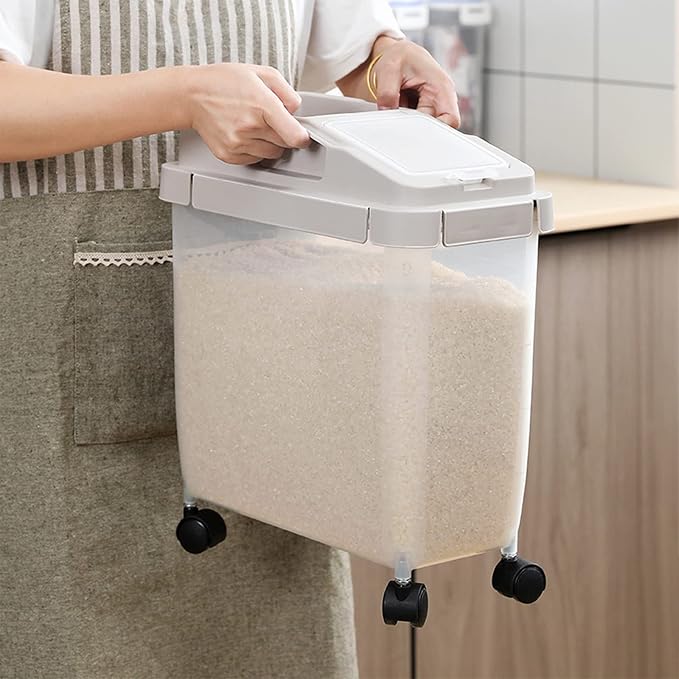 Large Capacity Food Storage Containers with 1 Measuring Cup and 4 Wheels, 20Lb Rice Container, Airtight Dry Storage Bins With Lids for Rice, Cereal, Flour, BPA Free Plastic Sealed Holder Bin Dispenser