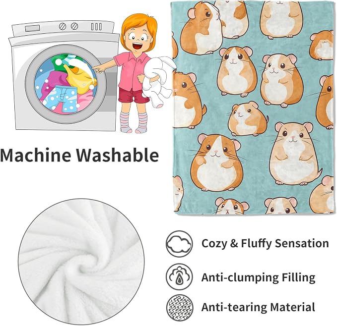 Cartoon Hamster Blanket,60x80in,Cute Animal Aqua Blue Throw Blankets,Birthday Gifts for Kids Adult & Pet Lovers, Lightweight Soft Fleece,for Sofa Couch Bed Room Modern Decor
