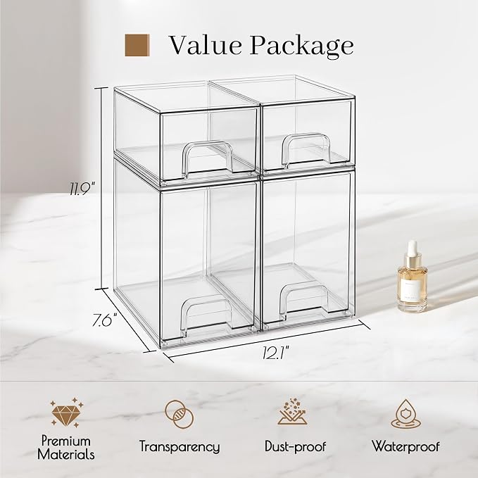 Clear Stackable Storage Drawers, Baby Bottle Organizer, Easily-Access Makeup Organizer, Durable Containers for Bathroom Countertop, Pantry and Medicine Cabinet Organizer