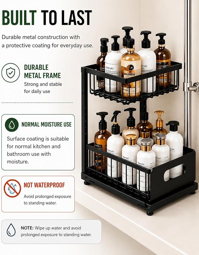 Under Sink Organizer, 2 Tier Adjustable Cabinet Organizer with Slide-Out Drawer, Heavy Duty Metal Storage Rack for Kitchen, Bathroom & Laudry room.