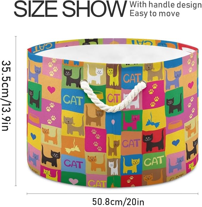 Colorful Cat Print Collapsible Round Storage Basket with Handles | Pet Kitten Paild Large Laundry Baskets Hamper, Clothes Organizer Bin for Nursery Bedroom Living Room Decor, 20x 20x 14 Inches