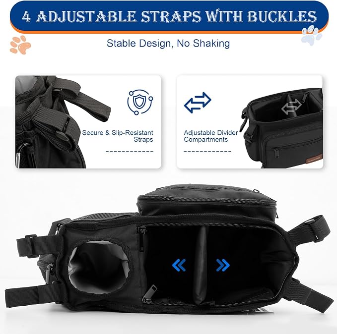 Dog Stroller Organizer Bag, Pet Stroller Caddy with Insulated Cup Holder | Fits 14–19" Handles, Treat Pocket, Poop Bag Dispenser & Multiple Pockets for Dog Stroller Accessories, Dog Mom Gift Ideas