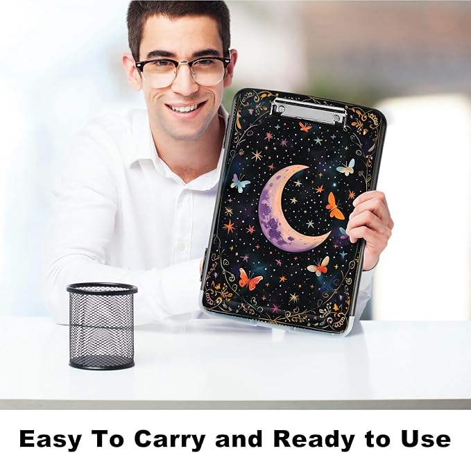 A4 Clipboard with Storage Pen Holder, Clipboards Organizer Nursing Clipboard Foldable File Folder Plastic Clipboard Folio Clip Board for Office Work Classroom Doctor, Butterfly Dark Moon