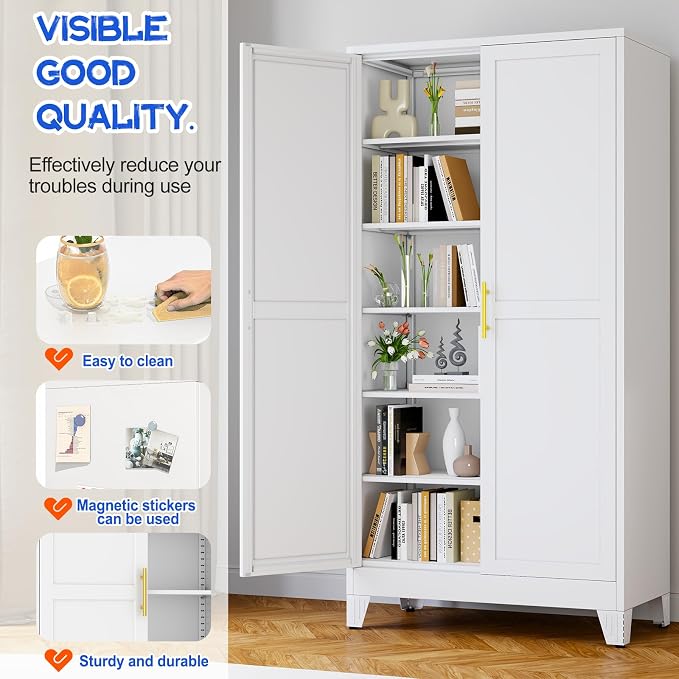 GAIOUS 79'' Tall Metal Garage Storage Cabinet, Home Office Cabinet White | Home Office Storage, File Cabinet Tool Cabinets with 2 Doors and 5 Adjustable Shelves for Warehouse Garage Outdoor Steel