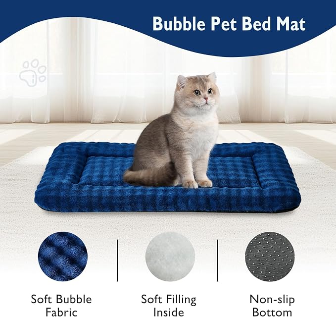 Pet Bed Mat Crate Pad for Cats Small Dogs, Navy Blue, 24"x 18" | Washable Soft Pet Sleeping Mat, Puppy Cat Kitten Cushion with 3D Bubble Pattern