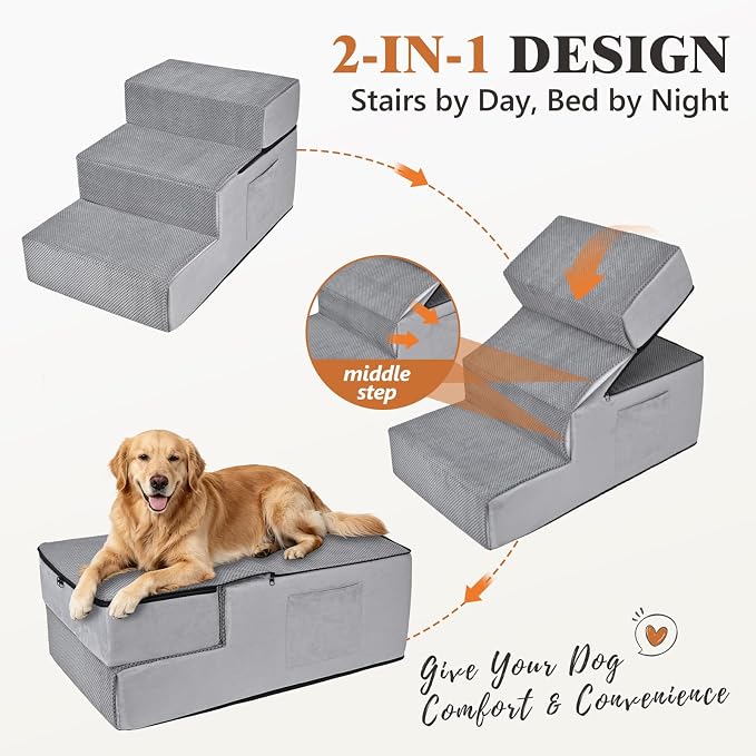 Dog Stairs for High Bed, Dual Reinforced Support Pet Steps for Large Dogs | 18" H Foam Pet Ramp with Storage Pocket, Washable Cover and Anti-Slip Bottom for Easy Climb, Senior Dogs & Cats Up to 120lbs