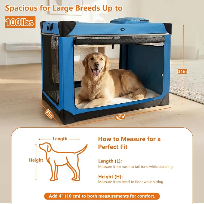 Ownpets Collapsible Dog Crate, 42 inch Portable Travel Dog Crate for Large Dogs, 4-Door Foldable Pet Kennel with Durable Mesh Windows & Soft Mat, Blue | Foldable, Portable, 4-Doors, 4-Side Mesh Windows, Steel Frame Oxford Cloth, Soft Cushion Mat, Leash...