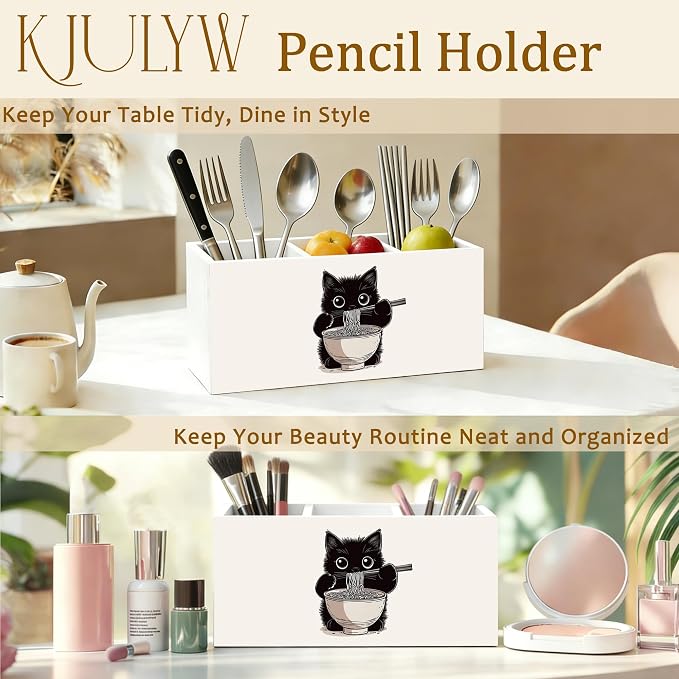 Funny Black Cat Pen Holder for Desk, Cat Lover Mom Dad Gifts, Japanese Ramen Noodles Kitty Wooden Box Pencil Pen Holder Organizer for Home Office Desk Accessories